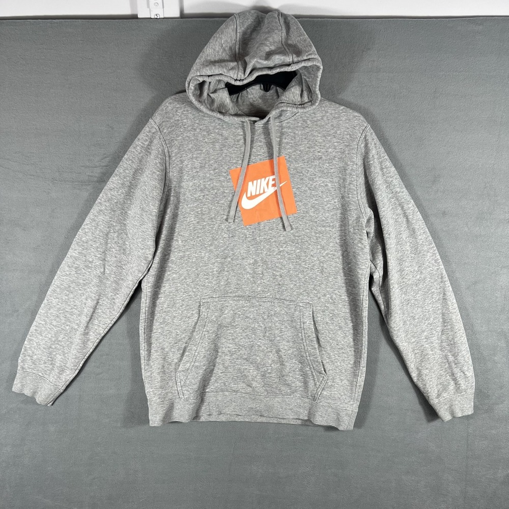 Nike Men's Grayā Hoodie Sweatshirt Pullover Orange Logo Kangaroo Pocket Size M